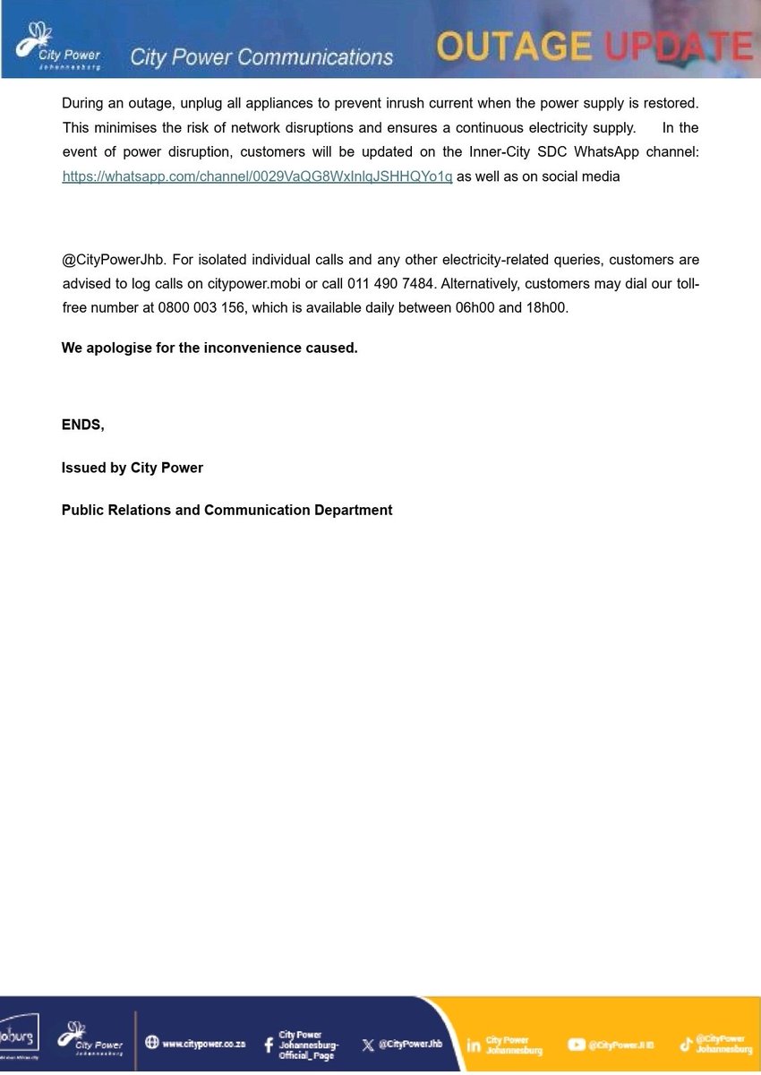 CityPowerJhb's tweet photo. #InnerCityOutage #CityPowerUpdates 

Kindly see the attached information for the latest updates and also follow our WhatsApp channel for electrifying updates on developments. ^MJ https://t.co/Yaujd4reFx