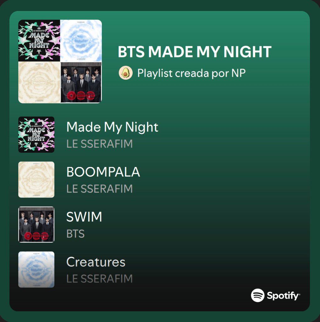 LESSERAFIM_BTS's tweet photo. SPOTIFY PLAYLIST WITH 16 MADE MY NIGHT FOCUS (2 DIF COVERS) + SWIM AND ARIRANG + BOOMPALA AND LE SSERAFIM AS FILLERS
https://t.co/TW96UVzeiB https://t.co/eJzD0RhPFO