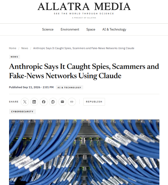RenkaPolakova's tweet photo. #ALLATRAMEDIA
Anthropic Says It Caught Spies, Scammers and Fake-News Networks Using Claude
https://t.co/XHcthtrZE5
#claude #anthropic #allatra https://t.co/DqI7tw9RPU