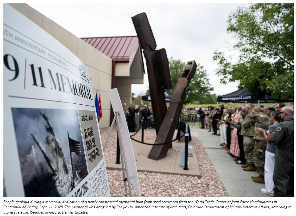 Adams_GOP's tweet photo. Honor. Sacrifice. Resilience. 🇺🇸

25 years after 9/11, the Colorado National Guard dedicated a new 9/11 memorial at Joint Force Headquarters in Centennial—crafted from a 6,000-pound piece of World Trade Center steel donated by the Counterterrorism Education Learning Lab.

This sacred steel stands as an enduring tribute to the innocent lives lost on September 11, 2001, and honors the thousands of Colorado Citizen-Soldiers and Airmen who stepped up to serve in the Global War on Terrorism.

From the loss of Colorado’s first casualty, SFC Daniel Romero, to the countless deployments of the 5/19th Special Forces Group, the 169th Field Artillery Brigade, and individual mobilizations across the force, Colorado’s Guard members have consistently answered the call.

As Maj. Gen. Robert Davis stated during the dedication, this monument serves as a permanent reminder of why we serve, protect, and vow to Never Forget.

https://t.co/fkrqM9XFAf