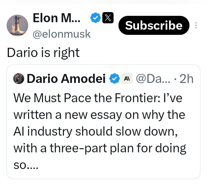 letasync's tweet photo. Elon Musk Agrees for slow down. He says dario is right. https://t.co/LJYHABFciH