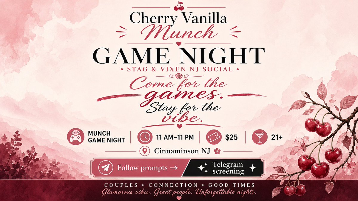 CherryVanilla93's tweet photo. Welcome 🍒 Soft vibes only.
Looking for screened, respectful company for Munch Game Night / Stag &amp; Vixen NJ?
11 AM–11 PM · $25 · 21+ · Cinnaminson NJ area
Follow the prompts on Telegram:
https://t.co/TEovVW8Y2y https://t.co/vvRmwjVW6a