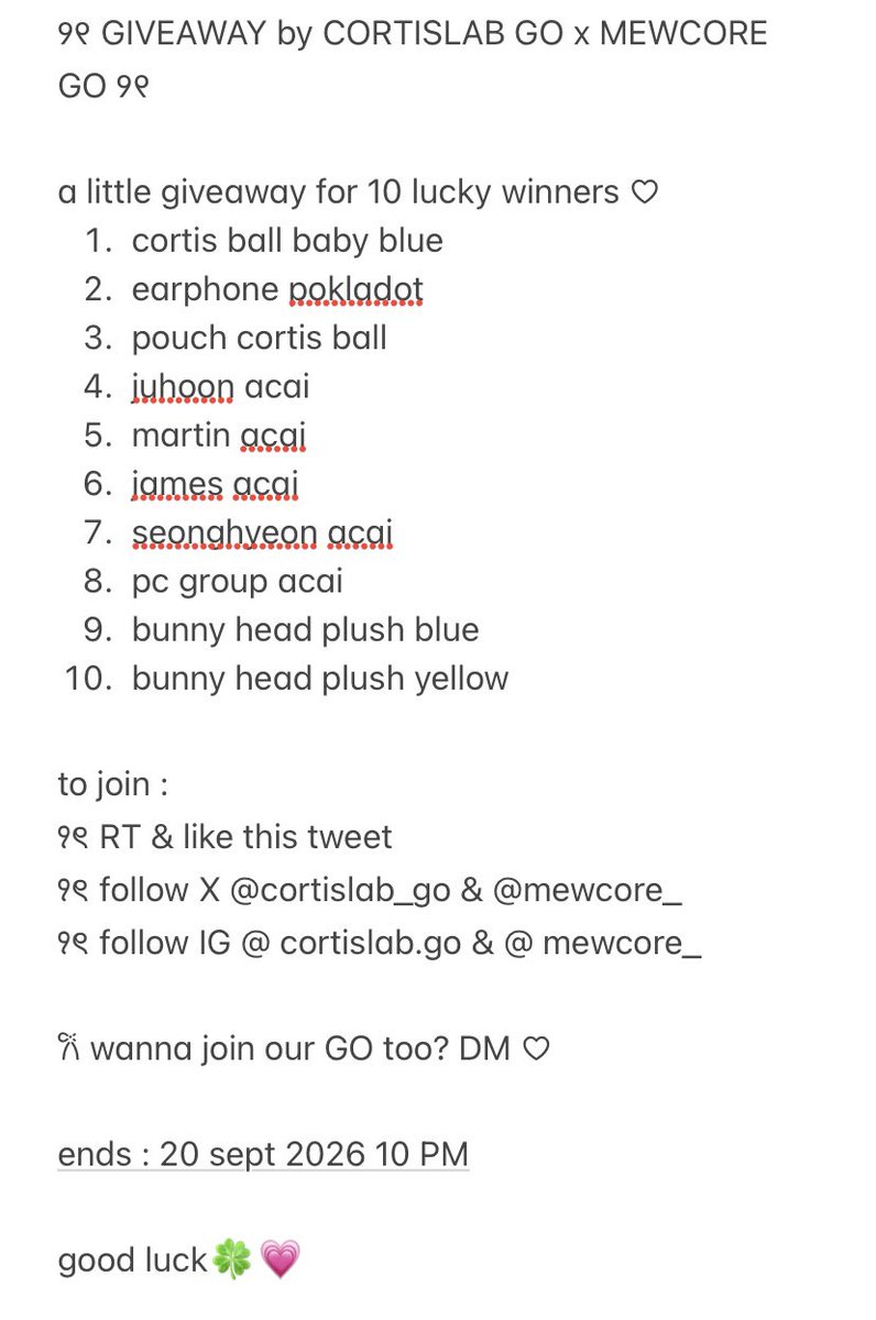 cortislab_go's tweet photo. ୨୧ GIVEAWAY by CORTISLAB GO x MEWCORE GO ୨୧

a little giveaway for 10 lucky winners ♡

to join :
꣑ৎ RT &amp; like this tweet
꣑ৎ follow X @cortislab_go &amp; @mewcore_
꣑ৎ follow IG @ cortislab.go &amp; @ mewcore_

𐙚 wanna join our GO too? DM ♡

ends : 20 sept 2026 10 PM
good luck🍀💗 https://t.co/Xeh8goSPdp