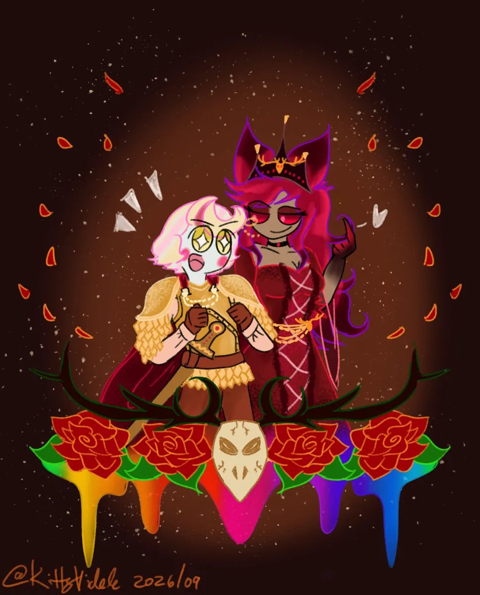 KittyVidele's tweet photo. #CharlastorWeek2026:
☆Day 6 (late) : Knight &amp; Princess
👑⚔️🛡

Sir Charles Morningstar and  Princess....Alice? Allison? Alyssa? Alexandria? Alexa????  
♀️ 🔄 ♂️ 🦌🌈
.
.

#charlastor #radiobelle #アラチャ #hazbinhotel #charlastorweek @TheCharlastor https://t.co/TATsQizN8g