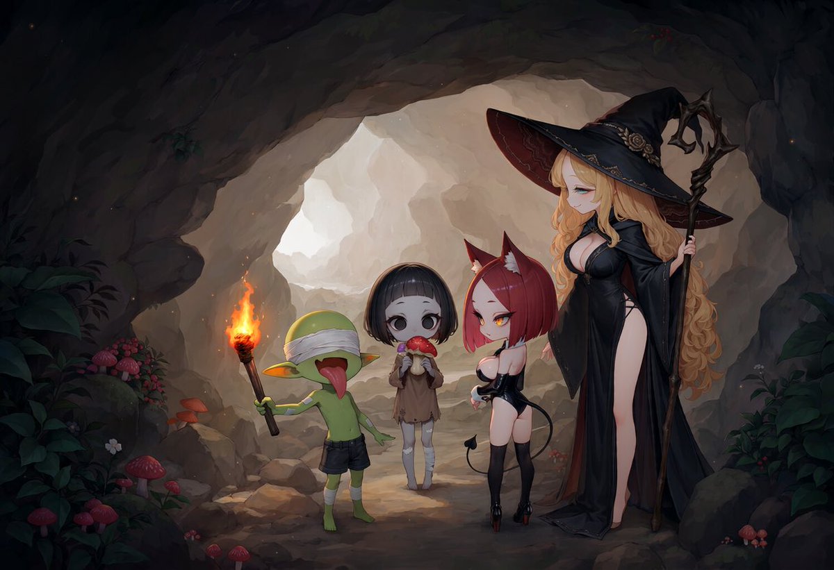 opp1001919ai's tweet photo. 身長制御が課題系ゴブリン洞窟物語〜キャラ毎のプロンプトでチビ化をマイナス強調するとちょっと大きくなるんだなあ編〜 https://t.co/PCdzK28vbT