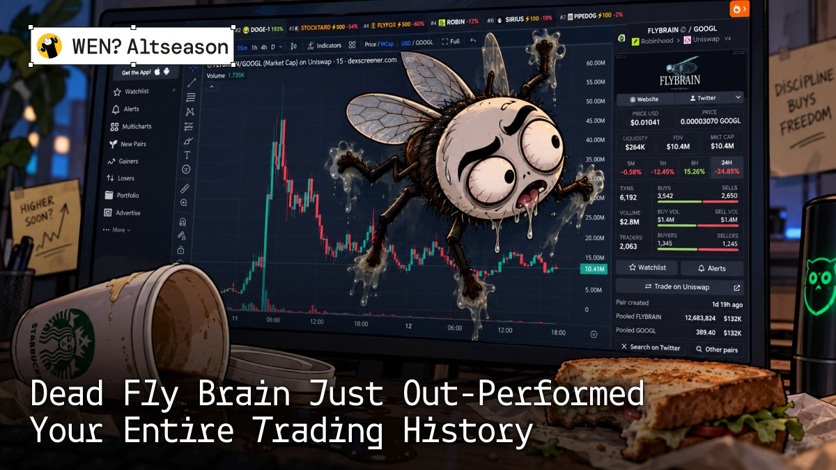 wenaltseason's tweet photo. Dead fly just retired with $300k (and you still hasn't)

Reconstructed fly brain just pulled off what most of CT has been chasing for years: $2.40 to launch, $300k in creator fees in 12 hours

165,122 neurons wired into browser moved the cursor, and this whole thing launched its own memecoin

robinhood:0x4eb990547bce4a982432ca88cf5fae7eed1a2d35 hit $55M mcap, 9k+ holders, and even Marc Andreessen followed the dev

Next up the dev wants to give the fly its own trading budget. Bet it outperforms our intern anyways