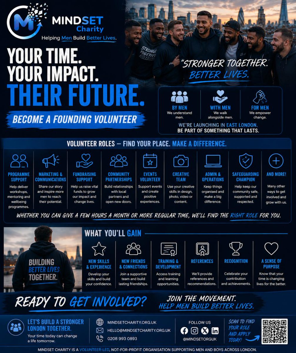 MINDSETOrgUK's tweet photo. Your time.
Your impact.
Their future.

MINDSET is launching in London—we’re looking for founding volunteers to help men &amp; boys build confidence, resilience &amp; brighter futures.

If you want purpose, connection &amp; the chance to change lives, this is your moment. Join the movement. https://t.co/2qeHZFS026