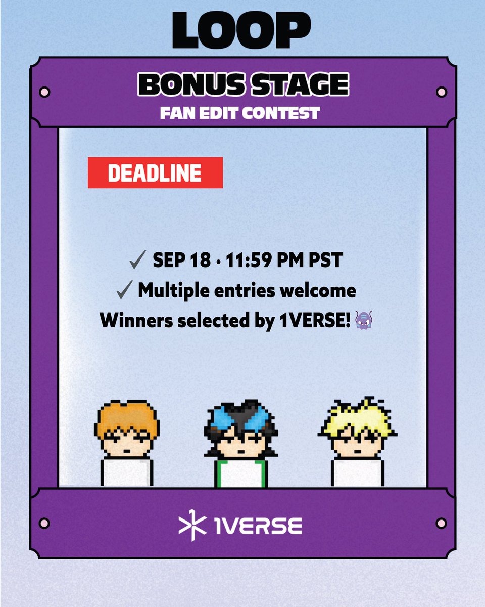 1VERSE_official's tweet photo. Enter the LOOP Bonus Stage contest by 9/18 midnightPST for an ultimate prize from the members!
#1VERSE #유니버스 #1VERSE_LOOP #LOOP #LOOPBonusStage https://t.co/Xb4bFlFwJj