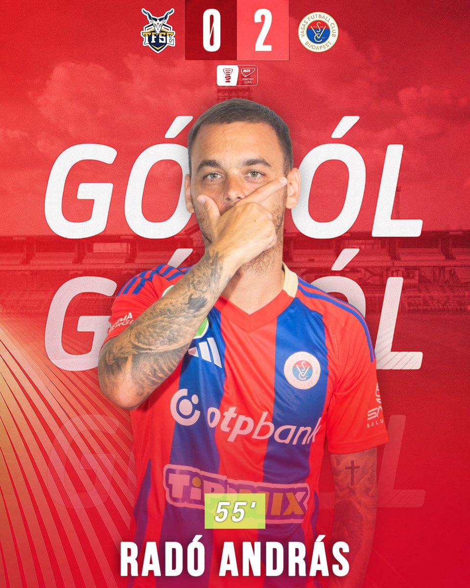 Vasas_FC's tweet photo. ❤️💙✌️Megduplázzuk az előnyt: Banó-Szabó emelt remek labdát Radó elé a 16-oson belül, aki a védők között szépen alakított ki magának lövőhelyzetet, majd 14 méterről védhetetlenül csavart a kapu bal oldalába. #hajravasas #vasas #vasasfc #vasasfutballclub #molkupa https://t.co/U0P4D6Y9iB