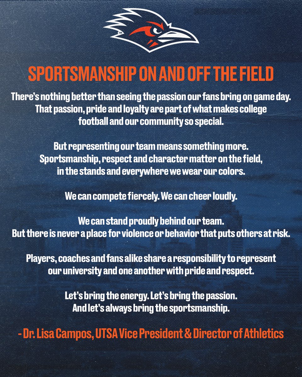 UTSAAthletics's tweet photo. Let's bring the energy. Let's bring the passion. And let's always bring the sportsmanship.

#BirdsUp 🤙 | #LetsGo210 https://t.co/iFmDgzdtu4