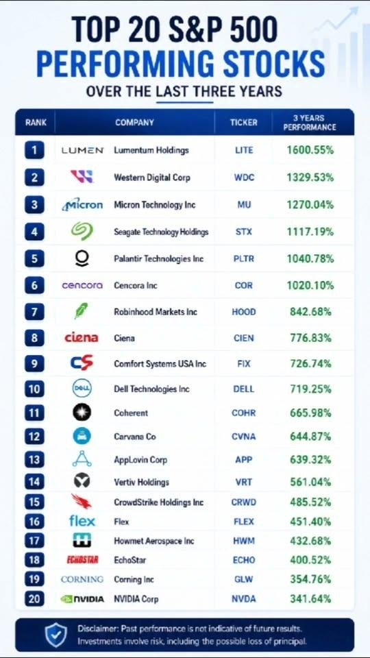 ⁨📷⁩ ⁨🔥 The 20 biggest S&P 500 winners over the past 3 years are here!

The #1 stock gained a staggering 16x, and all of the top 5 gained more than 10x!

1️⃣ $