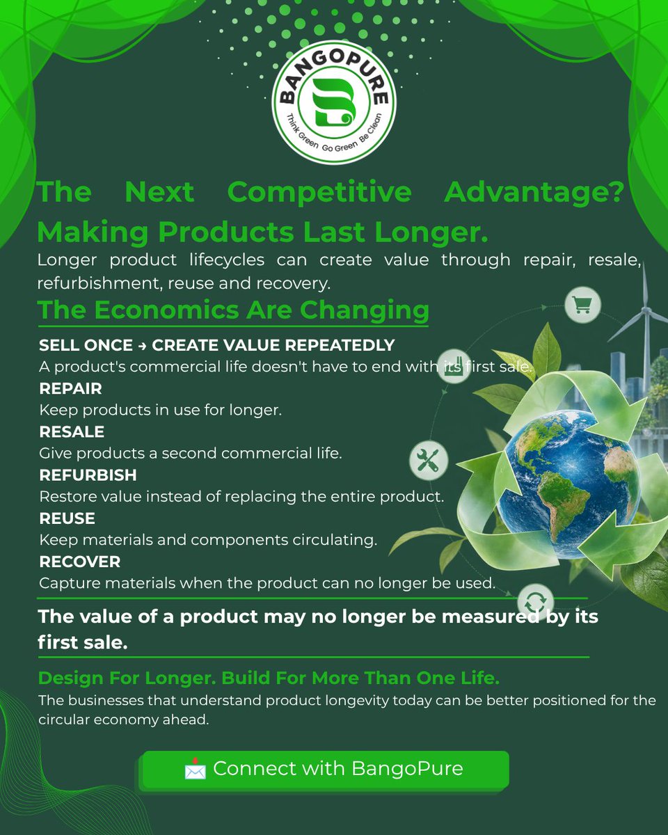 bangopure's tweet photo. The first sale isn't necessarily the end of a product's value.
Repair. Resale. Refurbishment. Reuse. Recovery.
Product longevity is becoming an economic strategy.
#DPP #CircularEconomy #ProductLongevity https://t.co/A3FO8O7c8M