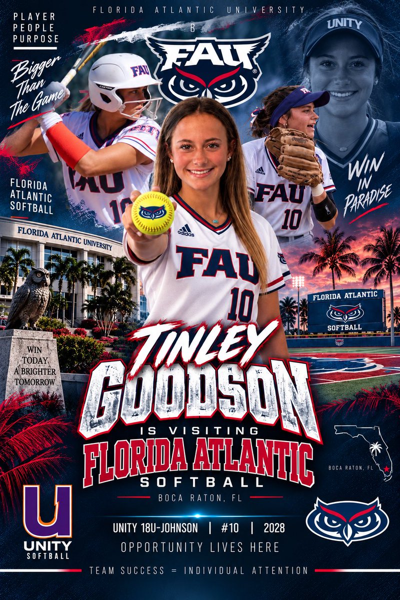 UnityJohnsonVB's tweet photo. Paradise called… Our girl @Tinley_Goodson is down in Boca enjoying her visit with @CoachJordanSB and the  @FAUSoftball family.  Will she join the “Win In Paradise”??  👀👀@VAUnitySB https://t.co/7XmQZaGaWK