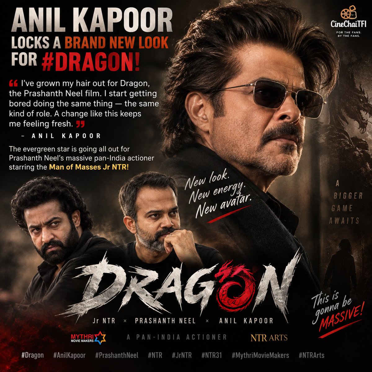 CineChaiTFI's tweet photo. 🔥 ANIL KAPOOR’S NEW LOOK FOR #DRAGON! 🐉

“Dragon kosam hair grow chesanu… same roles chestu bore kodutundi!” 👀🔥

Prashanth Neel × Jr NTR × Anil Kapoor = New look. New energy. MASSIVE avatar! ❤️‍🔥

Follow @CineChaiTFI
#Dragon #JrNTR #AnilKapoor #PrashanthNeel #NTR31 #TFI https://t.co/SBXEMGEhj0
