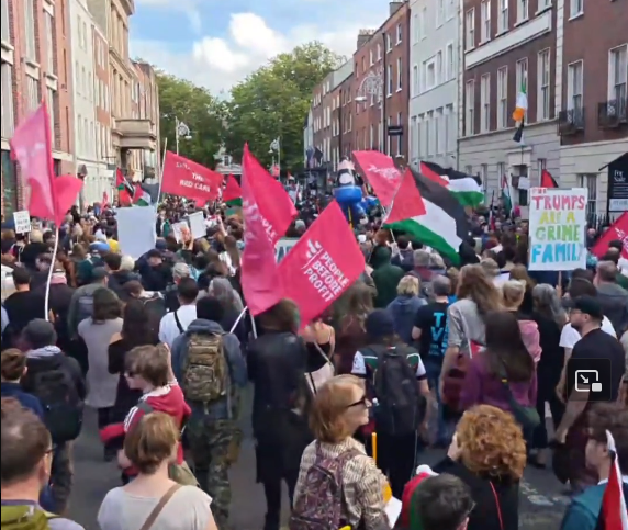 keira_con's tweet photo. The Dublin protest against POTUS looks like the usual coalition of hard-left activists, terrorist apologists and supporters of hostile regimes all marching beneath the language of “peace” and “justice.” https://t.co/mx1hIY0Klq