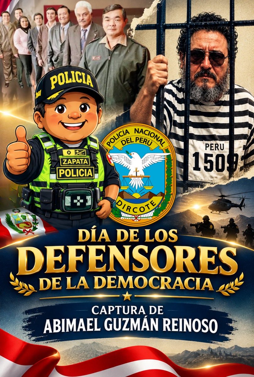 Dircotepolicia's tweet photo. 🇵🇪🛡️ Día de los Defensores de la Democracia
A 34 años de la captura de Abimael Guzmán, rendimos homenaje a los policías que enfrentaron al terrorismo y defendieron la paz y democracia del Perú.
🕊️ Honor y gloria a nuestros héroes.
#DIRCOTE #PNP https://t.co/taQXzaVVya
