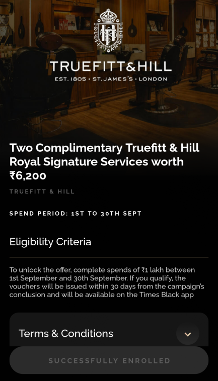 smartspendcode's tweet photo. ⏰ Times Black cardholders, don't forget to enroll for the September offer!

Complete ₹1L spends in September and you get:

💈 2 complimentary Truefitt & Hill Royal Signature vouchers
💰 Worth ₹6,200

That's an additional 6.2% value on top of the regular 2% rewards, decent offer to complete your spends.

if you're planning your advance tax payments, these spends can count towards both your milestone and base rewards.

⚠️ One important catch:
Tax rewards are capped at 5,000 points, so ₹2.5L is the maximum tax spend I'd consider for rewards.

If you have a Times Black, enroll first and then complete the ₹1L September spend. 👀
