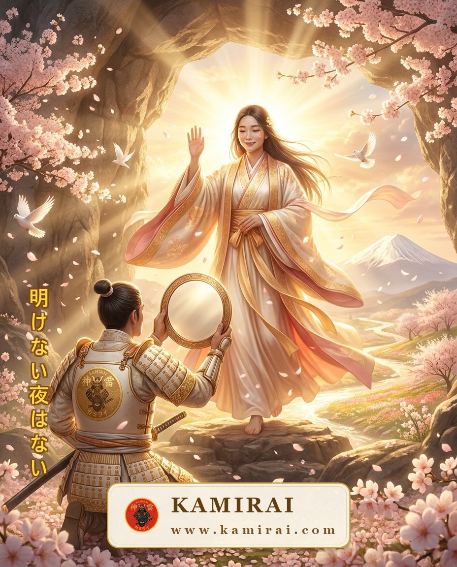 KamiraiOfficial's tweet photo. There is a story Japan has told for more than a thousand years.

The sun goddess, hurt and tired, hid inside a cave, and the world went dark. The rice fields, the mountains, the sea, everything waited. The gods did not beg her to come out. They hung a mirror at the mouth of the cave, and they began to laugh and dance as if the world were already bright again.

Curiosity pulled her to the edge. She saw her own light in the mirror, and the world remembered what it had been missing.

Light came back. It always does.

明けない夜はない
There is no night that does not end.

That is the temperament behind this image, and behind the name. KAMIRAI is 神雷, the thunder of the gods, the sound of a sky being shaped. The warrior kneels in the blossoms holding the mirror, waiting the way the gods waited, not in fear, but in certainty.

Under the name runs something real: https://t.co/dT1rFGvRJ4, a live non-custodial exchange on BNB Smart Chain, 400+ tokens routed across 20+ venues, one flat 0.50% fee, and a share of every fee buying KAMIRAI on the open market and burning it. 46.73% of the supply is already burned, forever.

The presale is in its final stretch. When the last of it is gone, it is gone.

https://t.co/WPTjFamoR9
Follow @KamiraiOfficial

#KAMIRAI #BNBChain #Crypto #Web3