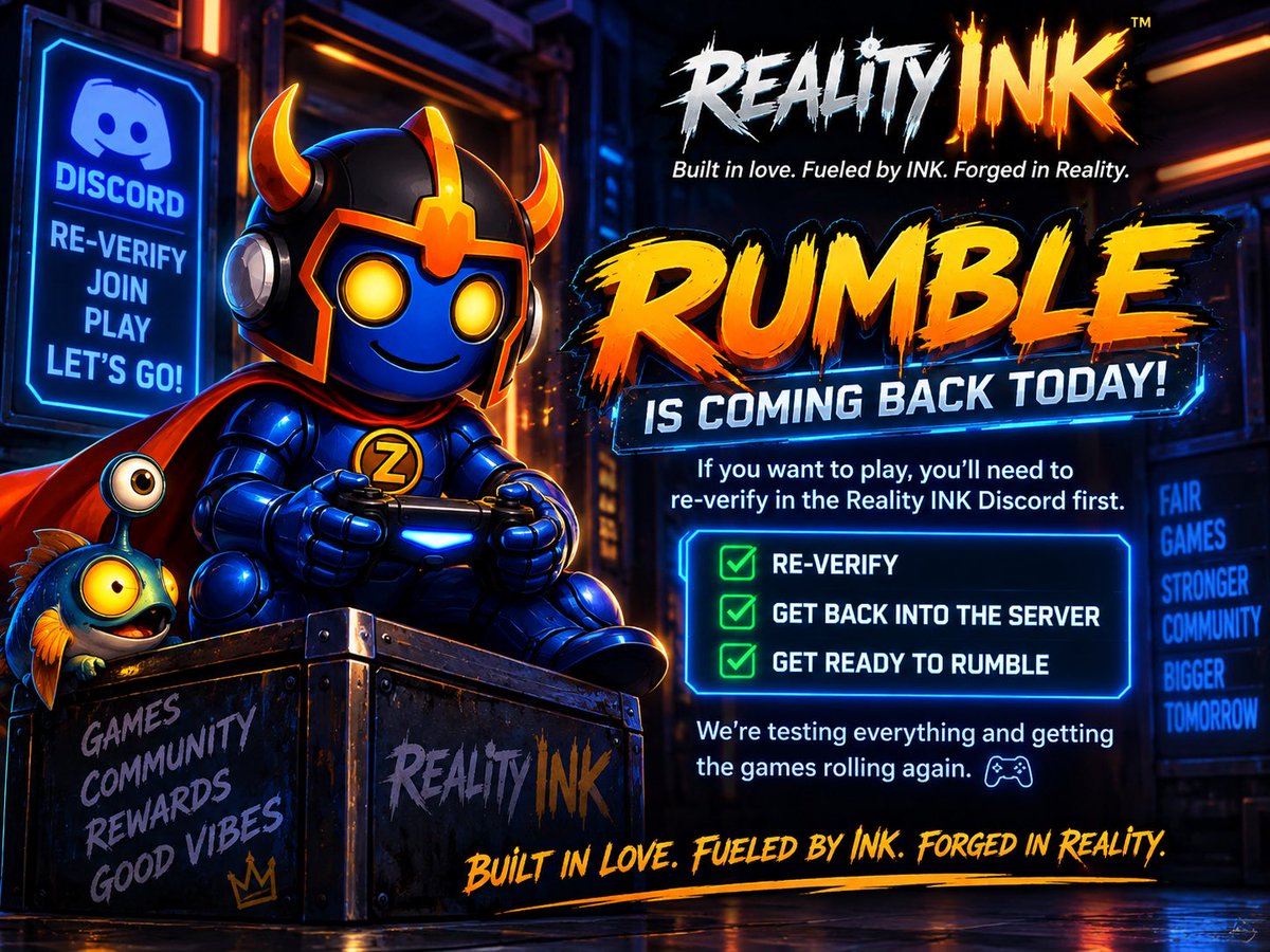 cryptograndpa01's tweet photo. 🎮 RUMBLE IS COMING BACK TODAY! 🎮

INKFam — if you want to jump back in and play, you’ll need to re-verify in the Reality INK Discord first.

We reset verification to tighten things up and make the games fair for everybody.

✅ Re-verify
✅ Get back into the server
✅ Get ready to Rumble later today

We’re testing everything and getting the games rolling again. 🖤🔥

Built in love. Fueled by INK. Forged in Reality.