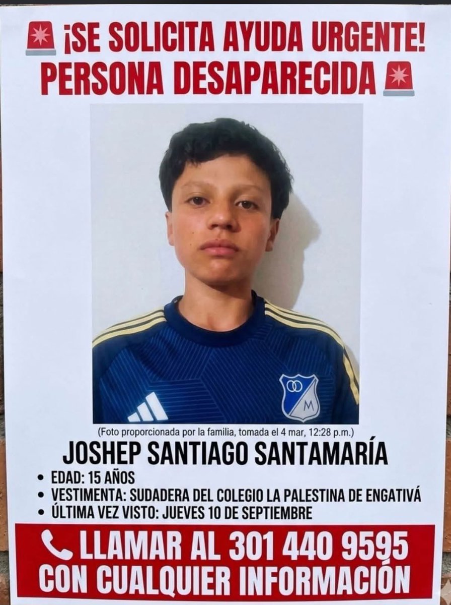 AlejaFonsecaF's tweet photo. Hoy es el hijo de un amigo 💔
Santiago esta desaparecido desde el jueves 10 de septiembre en Bogotá localidad Engativa.
Por favor difusión maxima 👏🏻👏🏻👏🏻 https://t.co/nSniOBfLmb