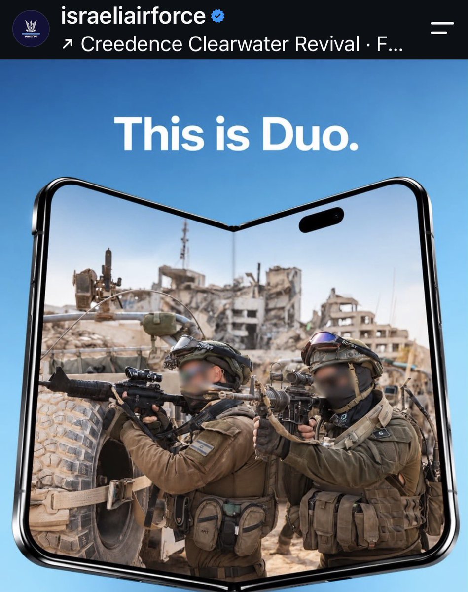 JimmyJ4thewin's tweet photo. 🚨NEW: The Israeli Air Force just used Apple’s brand-new iPhone Duo launch design to frame photos of the occupation force in Gaza, next to images of buildings they destroyed.

“This is Duo.”

via Israeliairforce/Instagram https://t.co/vWLwyorB5l