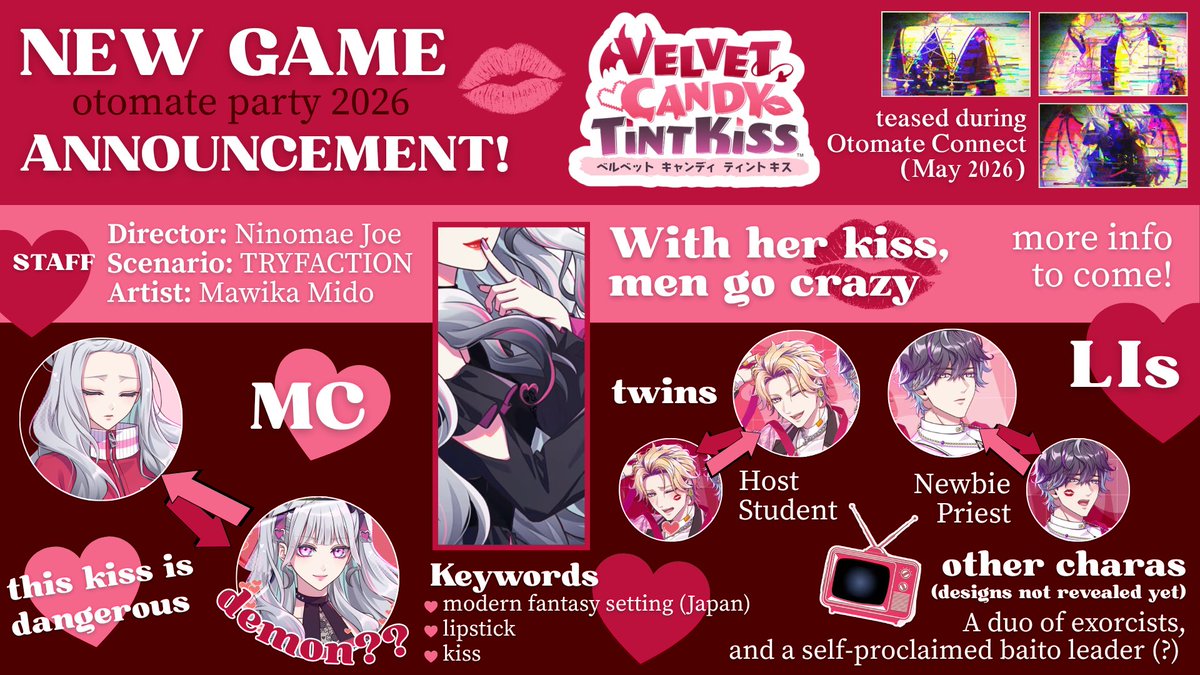 kuro_473's tweet photo. My head hurts SO bad and idk why I pushed myself to make this… pls send love onegai 💖

New game announced during day 1 of otopa:
💋Velvet Candy Tint Kiss💋

Recap info⬇️ https://t.co/UDro4idOsW
