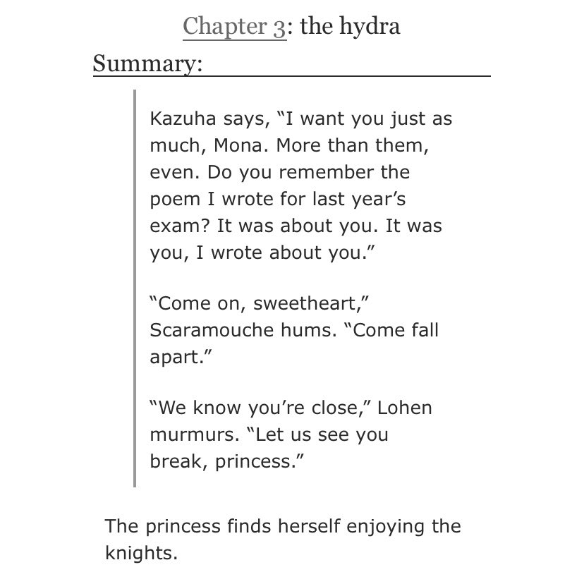 gayshinoa's tweet photo. — genshin impact
— scaramona, lohenmona, kazumona
— 26.7k words | chapter 3
— rated E

the third and LONGEST chapter of “peaches and cream” is here! the climax of the story, with lots of mona spoiling and dissecting ahead!

link ↓ https://t.co/RTmhi1qyEg
