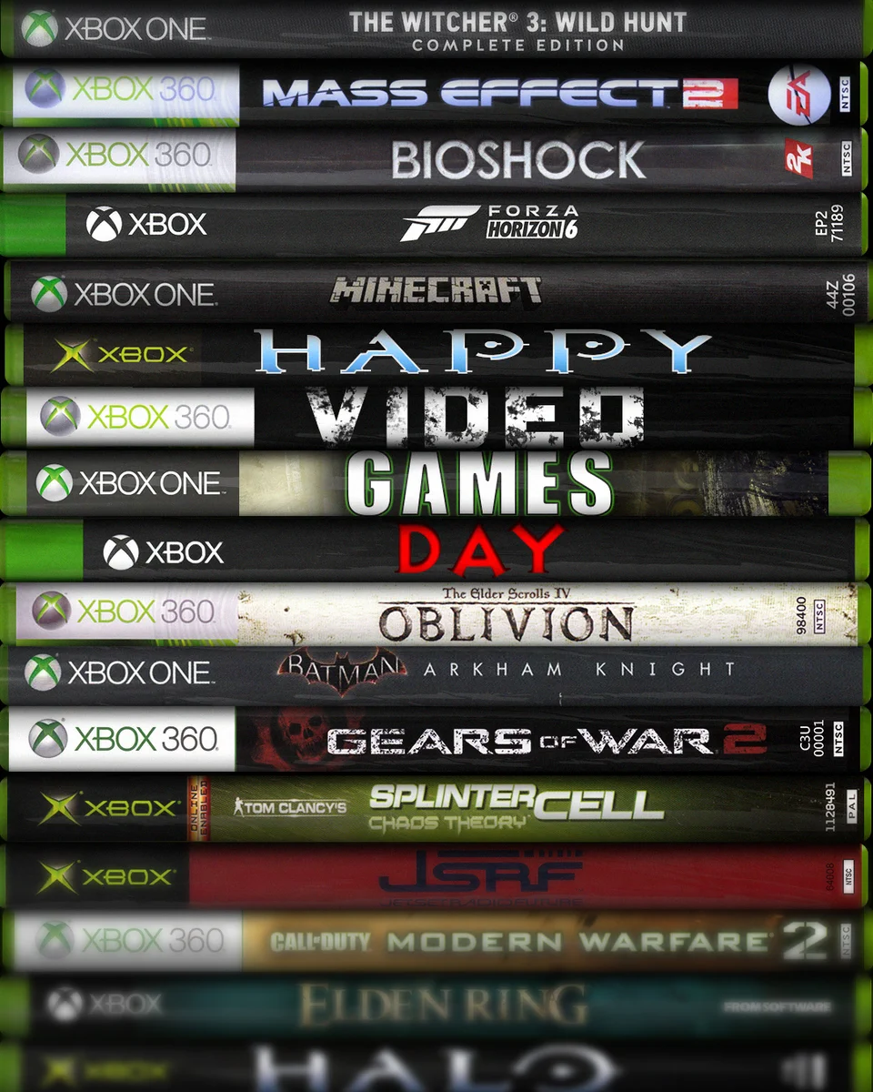 The spines of a stack of iconic and quintessential XBOX game cases over the generations are shown. Four photoshopped cases in the middle read: "Happy Video Games Day"