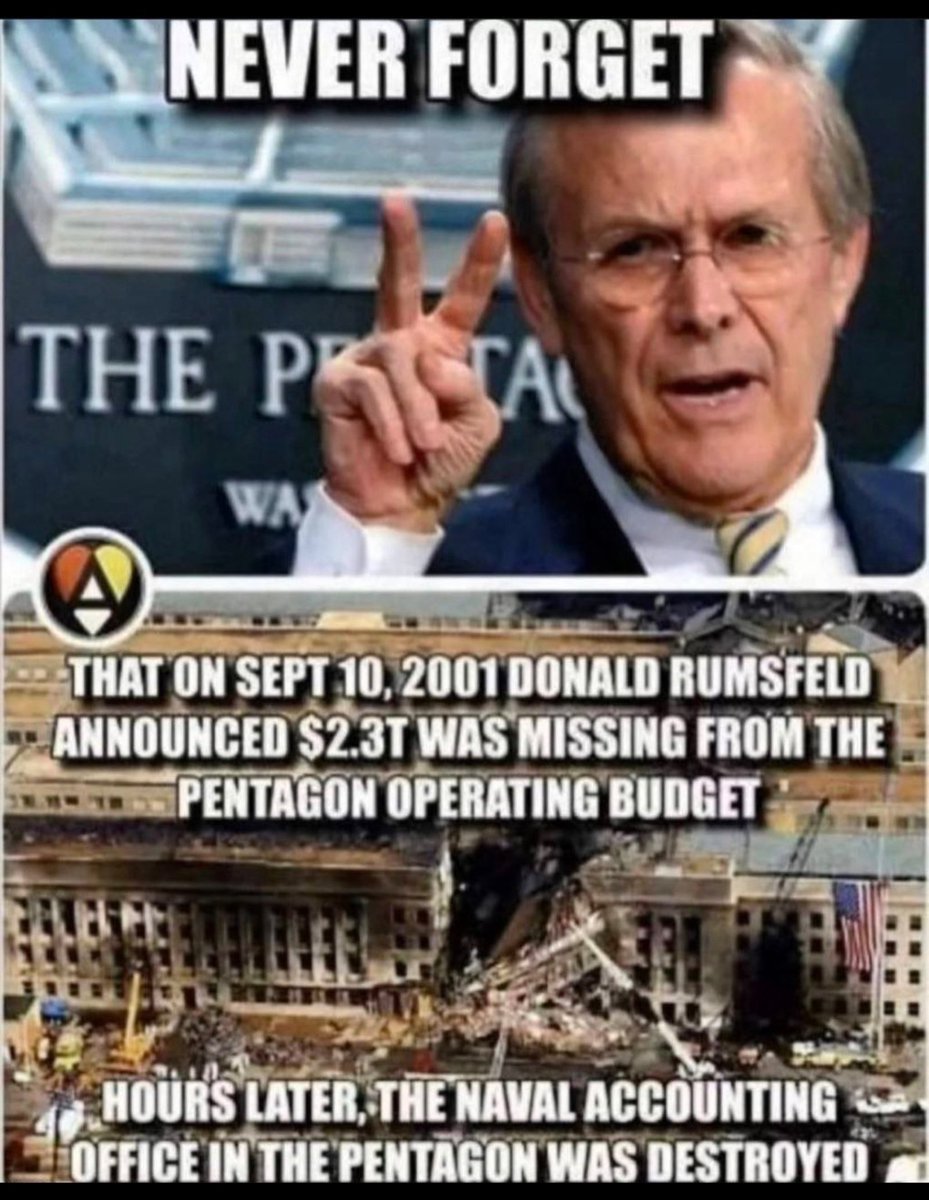 AnnePollard2023's tweet photo. 🚨Hours before the morning of 9.11.21, then Secretary of Defense Donald Rumsfeld announced that $2.3 TRILLION DOLLARS was missing from the Pentagon. That was 25 years ago. Did anyone ever find it??? https://t.co/DQxntubLY7
