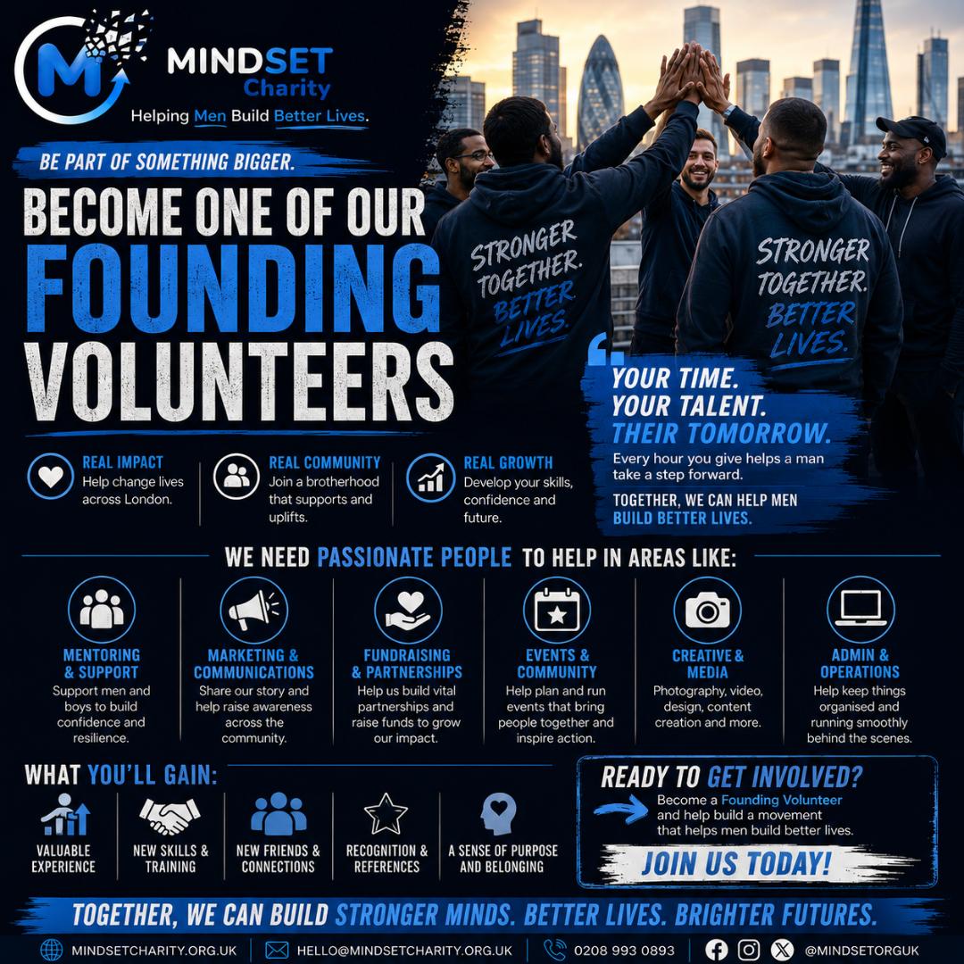 MINDSETOrgUK's tweet photo. Be part of something bigger.
MINDSET is building stronger minds, better lives &amp; brighter futures for men &amp; boys across London—we’re looking for Founding Volunteers to help make it happen.

Your time. 
Your talent. 
Their tomorrow. 
Join the movement.

#MINDSETCharity #TeamMindset https://t.co/CSB9kv1mgW
