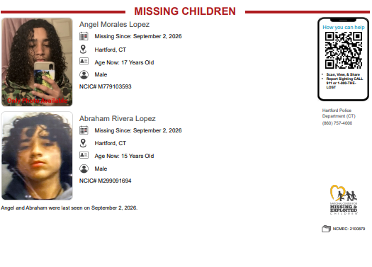NCMEC's tweet photo. MISSING
Angel and Abraham were last seen on September 2, 2026 in Hartford, CT.
https://t.co/HD1aSuZ08i https://t.co/33uF1mWylm