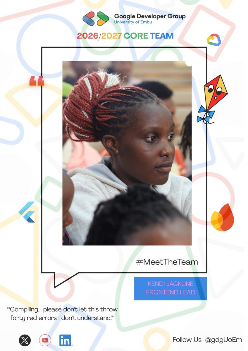 GdGoC_Uoem's tweet photo. @Vazy910983Vazy @montej_Brian @_Joe_n0t_nic3_ @e_kagara @MuigaiChristine @Clarryson_son @black_pappy17 @__frix__me Building what you see is Frontend Lead, Kendi Jackline 
@Kendi_mate
"Compiling... please don't let this throw forty red errors I don't understand."

Turning designs into pixel-perfect reality. 

#FrontendDev #GDG #MeetTheTeam https://t.co/iFaSAQXV4u