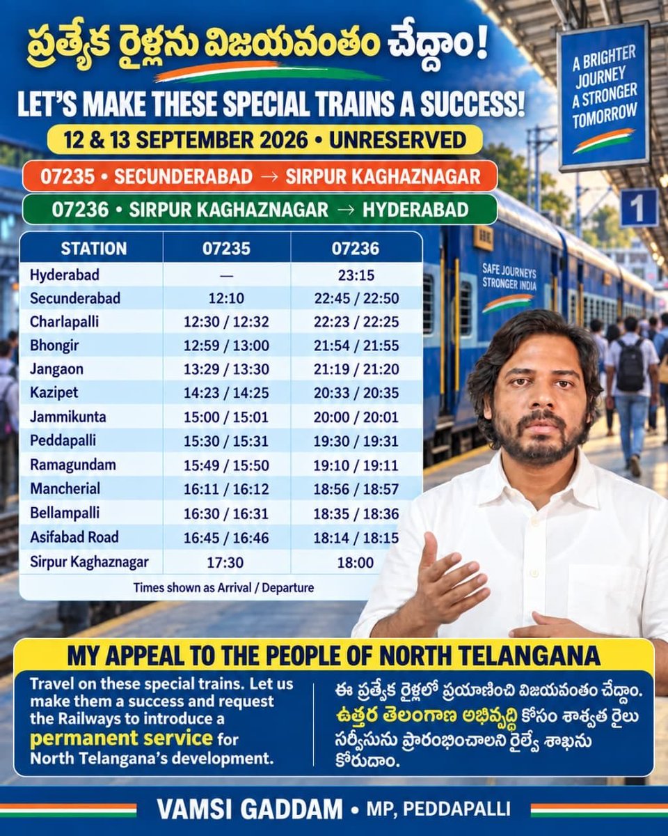 KakaVamsiGaddam's tweet photo. సెప్టెంబర్ 12, 13 తేదీల్లో సికింద్రాబాద్–సిర్పూర్ కాగజ్‌నగర్, సిర్పూర్ కాగజ్‌నగర్–హైదరాబాద్ మధ్య నడిచే జనసాధారణ్ ప్రత్యేక రైళ్లను విజయవంతం చేద్దాం.

ప్రయాణికుల నుంచి మంచి ఆదరణ లభిస్తే, ఉత్తర తెలంగాణ అవసరాలను దృష్టిలో పెట్టుకుని ఈ మార్గంలో శాశ్వత రైలు సర్వీసు కోసం రైల్వే శాఖపై మరింత బలంగా విజ్ఞప్తి చేసే అవకాశం ఉంటుంది.
ఈ ప్రత్యేక రైళ్లలో ప్రయాణిద్దాం.. విజయవంతం చేద్దాం.. ఉత్తర తెలంగాణకు శాశ్వత రైలు సర్వీసును సాధించుకుందాం! 🚆

#VamsiKrishnaGaddam #PeddapalliMP #SpecialTrain #Janasadharan #NorthTelangana #Peddapalli #Ramagundam #Mancherial #Bellampalli #SirpurKaghaznagar #Secunderabad #IndianRailways #Telangana