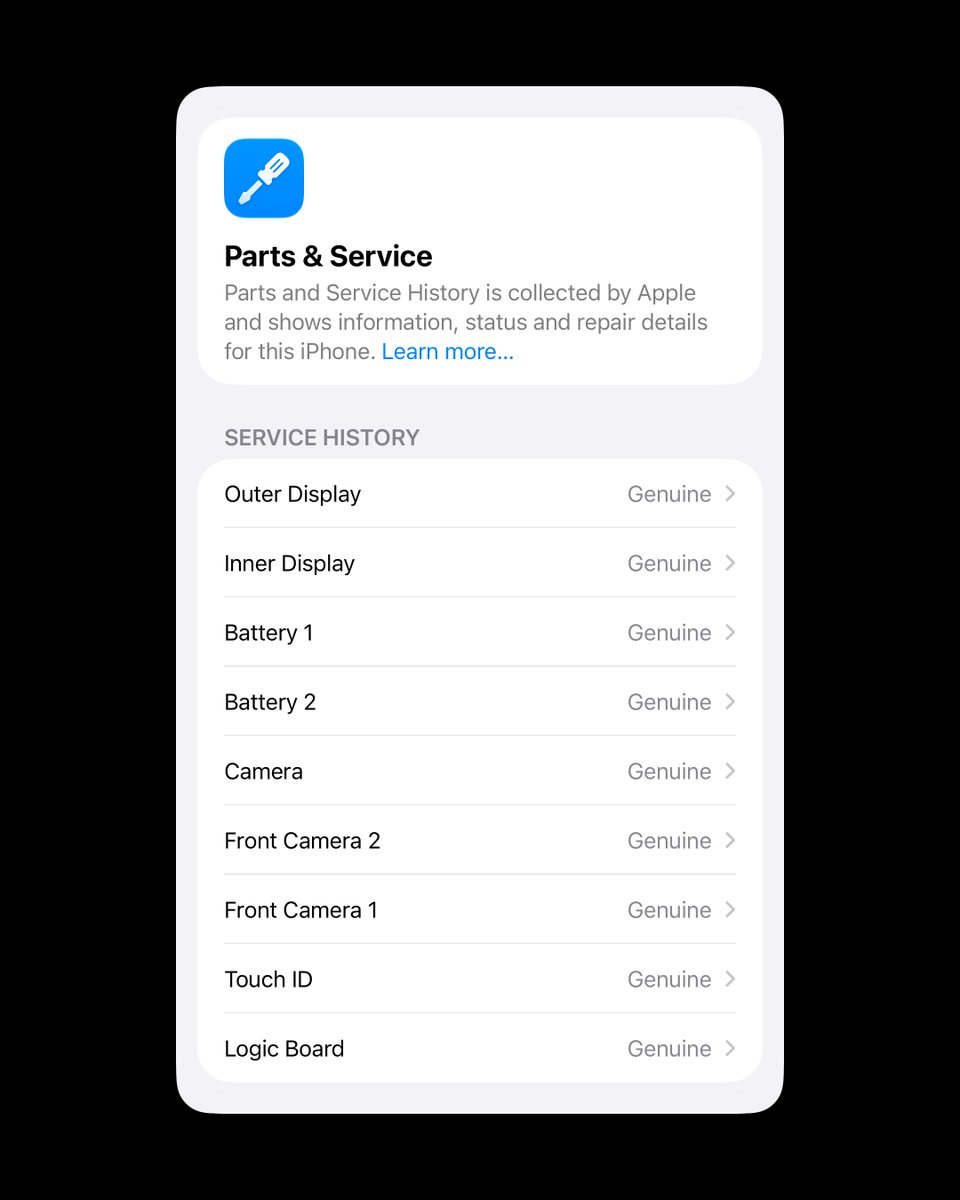 itspdfu's tweet photo. Parts and Service History lists each battery separately. We’ll see whether Apple ends up offering individual replacements.

In other tidbits, front camera 1 is the inner under-display camera. Battery 1 is labeled main/rear, while battery 2 shows up as auxiliary/front. https://t.co/4zi4HJVlZe