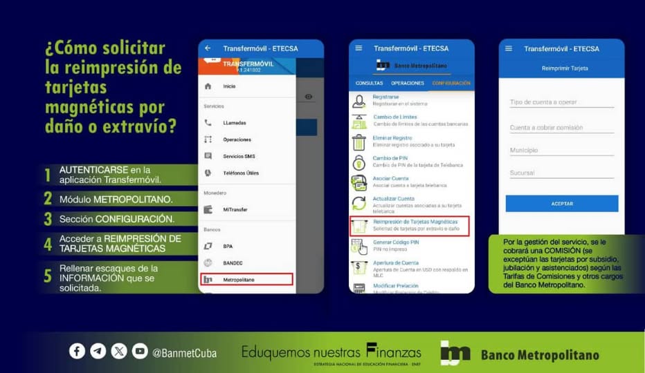 BanMetCapital's tweet photo. Te damos a conocer los pasos a dar cuándo por daño o extravió, necesitas reimprimir tu Tarjeta Magnética. Ver los pasos en la Infografía. En #Banmet30Años Seguimos #SirviendoYCreandoValor. #LaPatriaSeDefiende @YelegnyFC #CubaQuierePaz @BancoCentralCub #100AñosConFidel https://t.co/26cAQV4Pnt