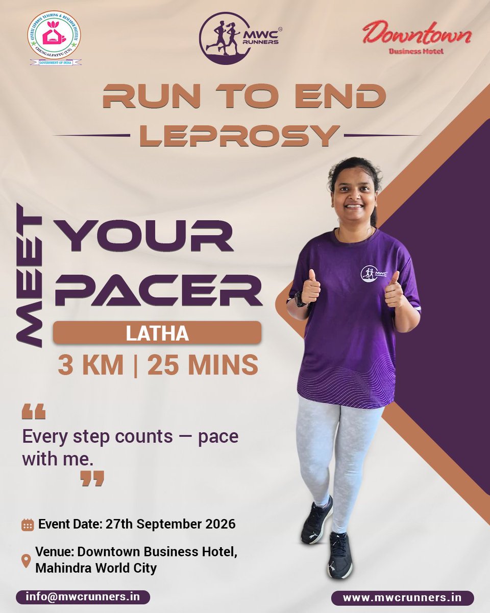 mwcrunners's tweet photo. Meet Latha, your 3K pacer for Run to End Leprosy! Join her for a steady 25-minute pace and finish strong together. 🏃‍♀️✨

#runtoendleprosy #mwcrunners #meetyourpacer #3krun #leprosyawareness #runforacause #cltri #mahindraworldcity https://t.co/Dolopf4km0