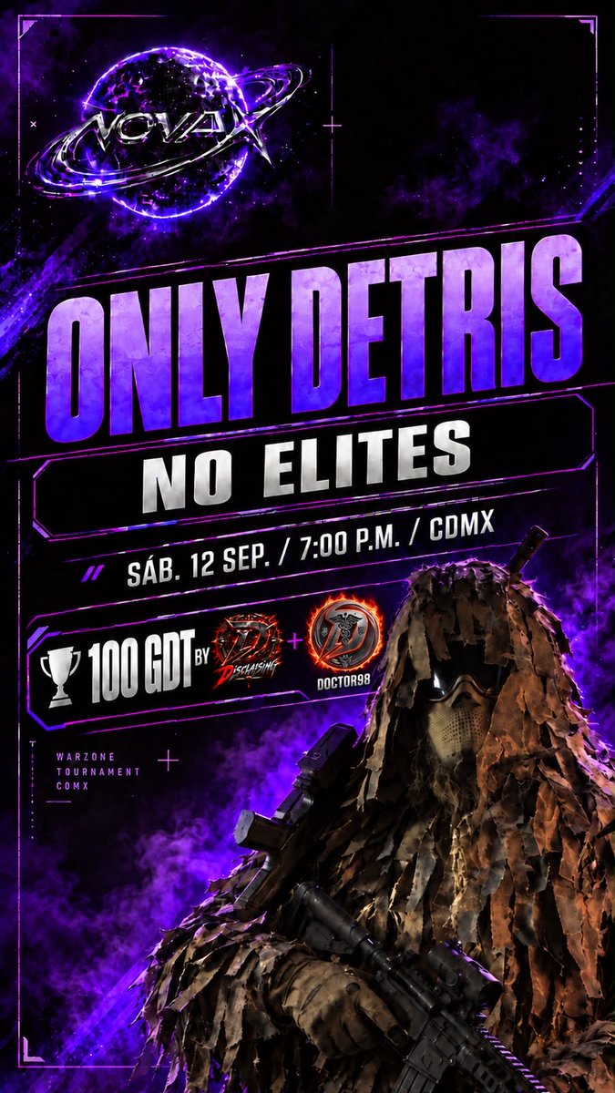 NovaX_org's tweet photo. 🚨TORNEO OFICIAL NovaX🚨

Only Detris / no elites / no Ams 
━━━━━━━━━━━━━━

📅 Sábado 12 Sep
🕗 7:00 PM MX / 9:00 PM EST
👥 14 Teams Mín
🏆 MP : 140 PTS
💸 100 GTD
💵 $15 x Team
🌎 HOST NAC

 Admin: @sibU__x 

━━━━━━━━━━━━━━

🎙️ Caster: @DarcFalcon13 
 
🤝 Sponsor  @yoDisclaising 

⚕️Sponsor - El Doctor98
