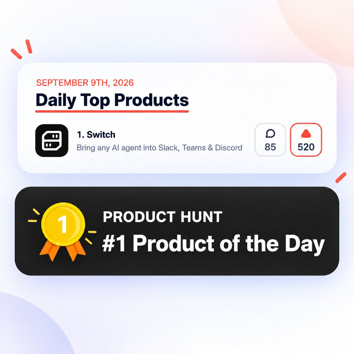 switch_ai_'s tweet photo. Switch hit #1 Product of the Day on @ProductHunt  this week 🔥

Seeing the response from the community has been incredible! Lots of support and real feedback from developers who get what we're building. 🙏 

Switch is an open source tool that lets you bring any AI agent into Slack, Teams, or Discord as a real teammate. Your agent shows up in the channel and works with the team just like anyone else.

If you've been curious about how AI agents can work alongside your team, we'd love for you to check out Switch, try it, and share your feedback.

We're going for #1 Product of the Week. If you like Switch, help us get there! 😊: https://t.co/C2g9Fu5edY