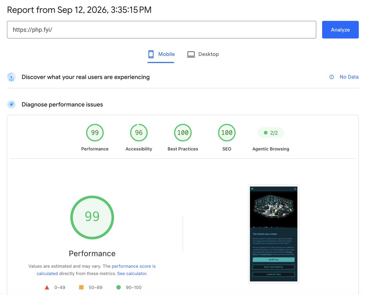phpfyi's tweet photo. I got 99 problems and a 99 Google PageSpeed insights mobile performance score

https://t.co/3KhQccF3bZ https://t.co/Ooud4WxfU2