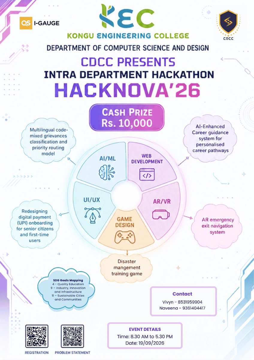 official_keccsd's tweet photo. 🚀 HACKNOVA’26 is here!
Our CSD students take on 5 real-world problem statements across 🤖 AI/ML | 🌐 Web | 🥽 AR/VR | 🎮 Game Design | 🎨 UI/UX.
🏆 ₹10,000 Cash Prize
📅 Sept 19, 2026
Think. Build. Innovate.
#HACKNOVA26 #KEC #CSD #Hackathon #Innovation https://t.co/l7zqrzk6zb