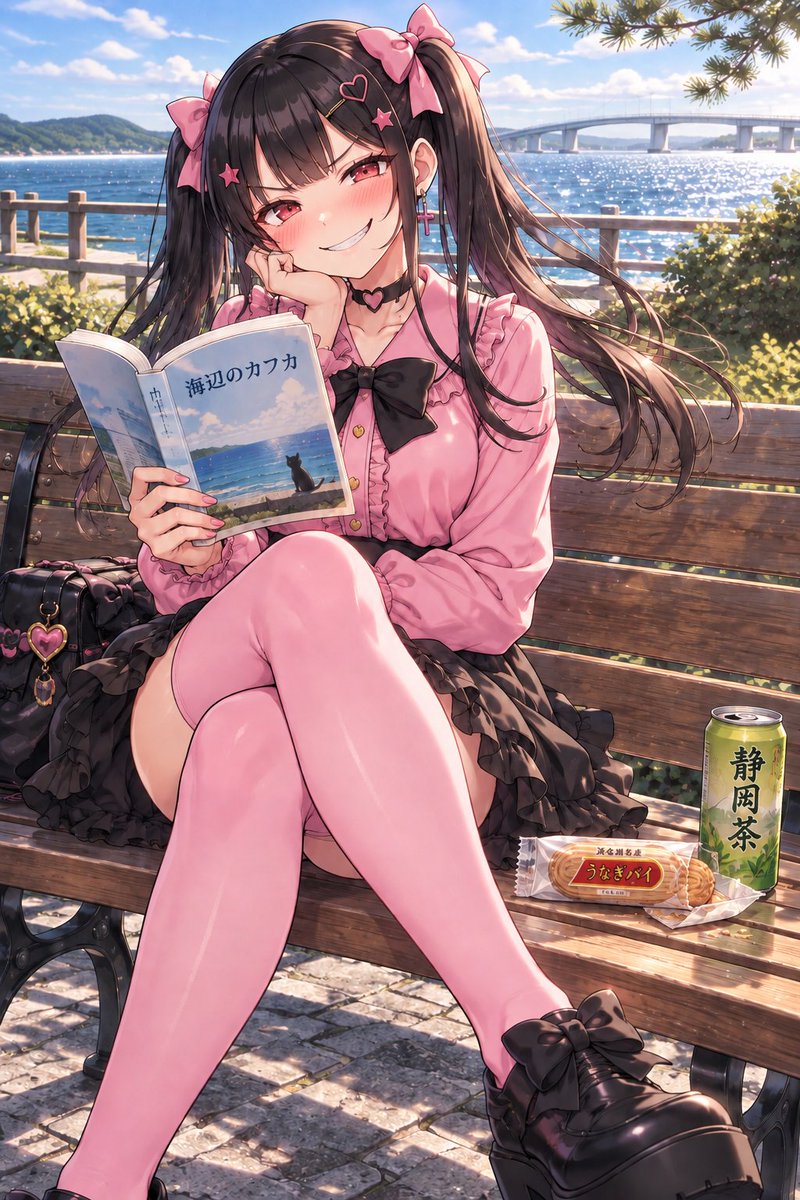 Soranohal's tweet photo. 湖畔で読書のひととき♪
 お供はもちろん、うなぎパイと静岡茶だよ♡

……って、さっきから本じゃなくて
あけびの顔ばっかり見てない？
もしかしてうなぎパイ欲しいの？ 
しょうがないなぁ…一口だけ、あーげない♡
ふふっ、キミは大人しくあけびに見惚れてなさい🎀
#AIイラスト #落部あけび https://t.co/xqPExm7b66
