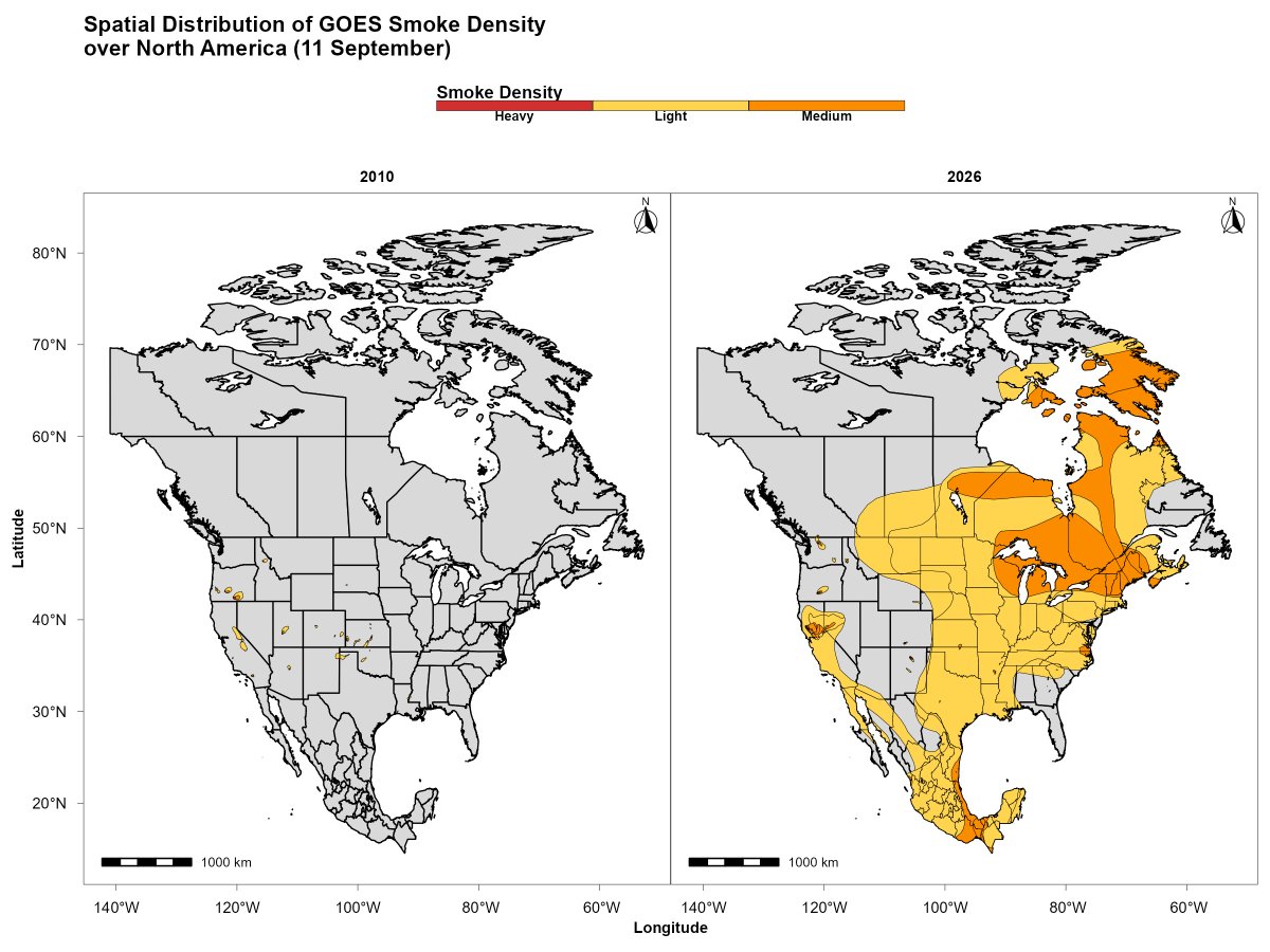 alihassansha12's tweet photo. Expanding Smoke Footprint over North America: GOES Satellite Comparison (2010 vs. 2026) #WildfireMonitoring #SmokeMonitoring #AirQuality #EnvironmentalMonitoring #DisasterRiskManagement #GISConsultant #GISConsulting #RemoteSensingJobs #GISJobs #GeospatialJobs #RemoteGIS #usafirst https://t.co/P3q5F3xksG