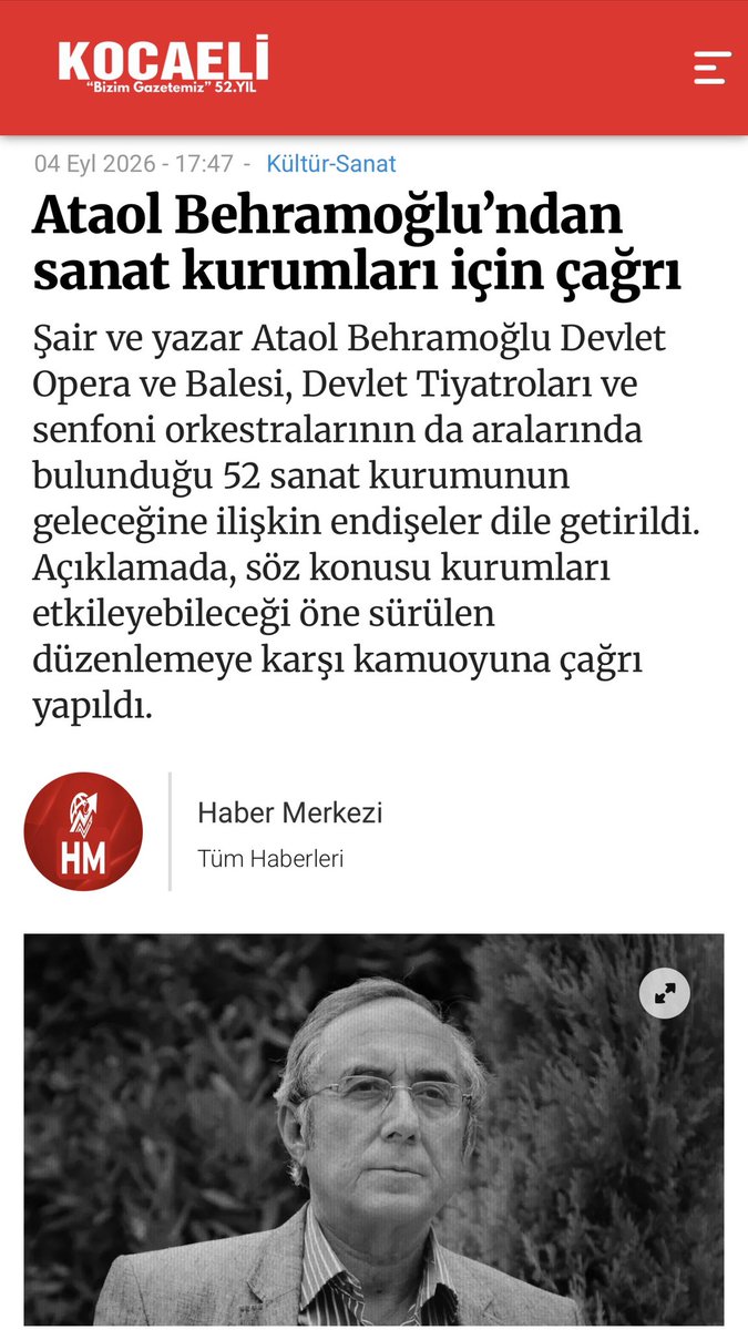 HsnBozkurt's tweet photo. Sayın Ataol Behramoğlu’nun aşağıdaki duyuru ve çağrısı çok önemlidir, mutlaka dikkate alınmalı, desteklenmelidir.👇

“DEĞERLI BASIN MENSUPLARI; Hükümetin; başta Devlet Opera ve Balesi, Devlet Tiyatroları, Devlet Senfoni Orkestraları, Devlet Halk Dansları Topluluğu, Devlet Çok Sesli Korosu olmak üzere toplam 52 sanat kurumunun kapatılmasını öngören yasa tasarısı bizim ve çocuklarımızın geleceğini yok ediyor. Bizler Cumhuriyet'in kültür-sanat kurumlarının kapatılmasına sonuna kadar karşıyız. Yapılması planlanan model baskıcı ve gerici bir modeldir ve sanatın özgürlüğünü elinden almaktadır. Bunun yanı sıra Eğitim fakülteleri, Güzel Sanatlar Liseleri, Konservatuvarlar da topun ucunda. Türkiye'de sanatın ölüm fermanı olan 52 sayfalık bu yasa tasarısı mecliste yarın, öbür gün onaylanabilir.
Cumhuriyet'in çağdaş sanat kurumları tek tek yok ediliyor. Esasında hepimizin bildiği gibi asıl yok edilmek istenen Laik Cumhuriyetimizdir.”
ATAOL BEHRAMOĞLU

Atatürk “Türkiye Cumhuriyeti’nin temeli kültürdür" demiş, “Sanatsız kalan bir milletin hayat damarlarından biri kopmuş demektir." sözleriyle de sanatın ve sanatçının vazgeçilmez anlam ve değerini vurgulamıştır.

Sanat, bir milletin ruhu, hafızası ve geleceğe bıraktığı en değerli izidir.

Telafisi olanaksız bu yanlıştan mutlaka dönülmelidir!

#LaikÜniterUlusDevletimizDilBirliğimizBölünmezBütünlüğümüzTartışılamaz
#AtatürkteBirleşmeZamanı
#YenidenAtatürkCumhuriyeti
@A_Behramoglu 
@add_genelmerkez