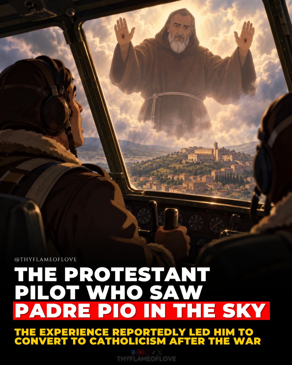thyflameoflove's tweet photo. If you think miracles stopped after the Bible, this World War II account about Padre Pio may challenge you.

During the war, Foggia and much of the area around it were being bombed. But according to testimony later included in Padre Pio’s cause for canonization, something strange kept happening when Allied pilots flew near San Giovanni Rotondo, the town where Padre Pio lived.

Pilots began coming back with the same strange story. They said a friar appeared in the sky and stopped them from dropping their bombs.

At first, many people laughed. But reports kept coming from different pilots, so Italian Air Force General Bernardo Rosini decided to see what was happening for himself.

According to the testimony, when the planes reached the target, the pilots saw a friar in the sky with his hands raised. But that was not all. The bombs reportedly released and fell into the woods, while the planes turned away without the pilots controlling the change.

San Giovanni Rotondo was spared.

But the pilots still had one huge question.

Who was the friar?

They were told about Padre Pio, a Capuchin priest living in the town. So after the war, the general went to the convent with other pilots.

The moment he saw Padre Pio, he reportedly recognized him as the friar from the sky.

But before he could explain why he was there, Padre Pio is said to have looked at him and said:

“So, are you the one who wanted to eliminate us all?”

Catholics are not required to believe this story. But it was preserved in testimony connected to Padre Pio’s canonization cause, and the Church later declared Padre Pio a saint.

Maybe the real question is not whether God can still do things we cannot explain.

It is whether we still believe He can.

Do you believe God still works miracles today?

💬 Be honest: if you had been on that plane and saw what those pilots claimed to see, what would you have done afterward?
