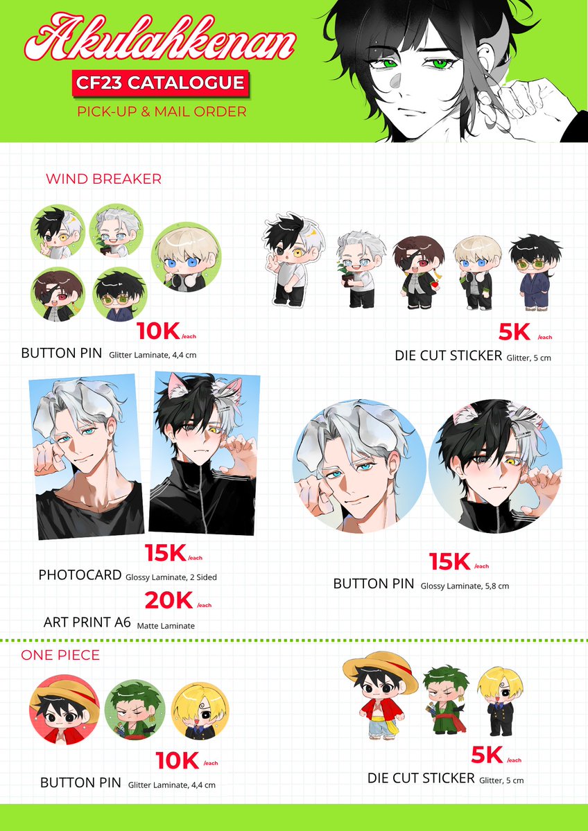 akulahkenan's tweet photo. (❤ &amp; 🔄 are appreciated) 

akulahkenan's #CF23 PO is now open! 

📆: 12 Sept - 19 Sept 
📦: Pick up (both days) &amp; Mail order
🎨 PANDAVVA, WIND BREAKER, ONE PIECE
🔗: PO link below

#comifuro23 #cf23catalogue https://t.co/bAIXE2cFgn