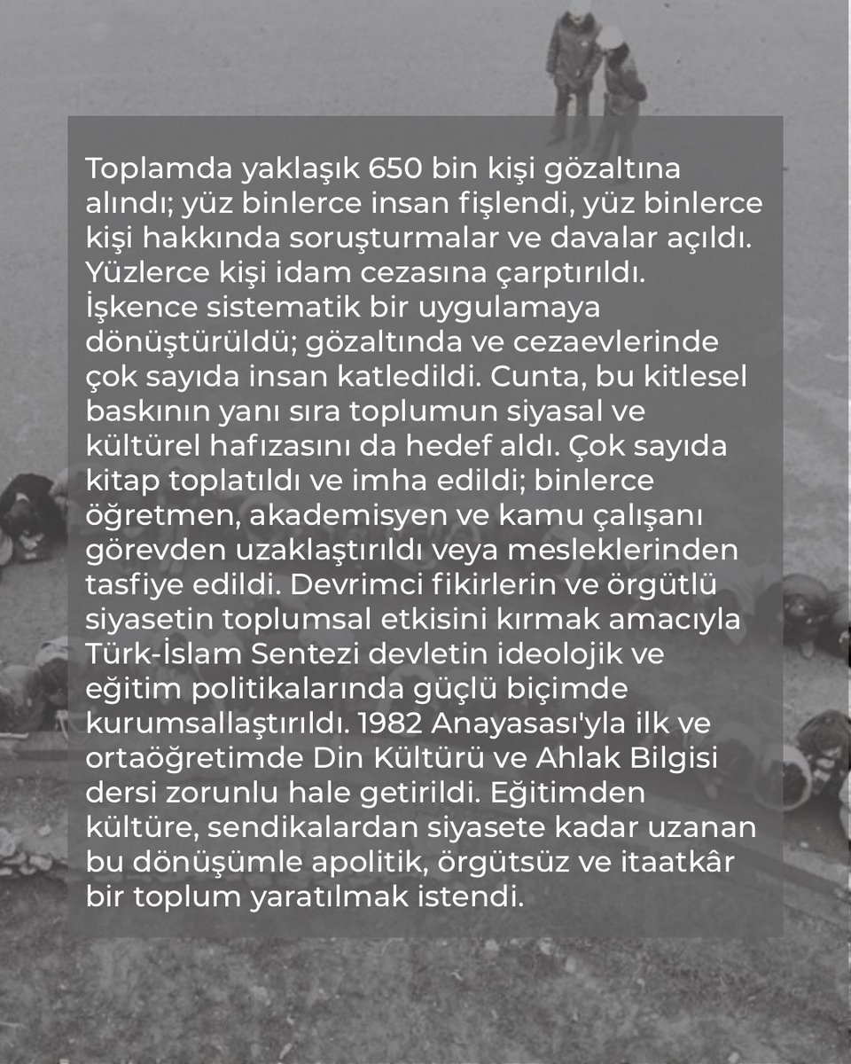 Ogrncmdy3's tweet photo. 12 Eylül Askeri Darbesinin 46. Yılı

12 Eylül, yalnızca parlamentonun ve siyasi partilerin tasfiye edildiği bir askeri darbe değil; Türkiye solunun tarihsel birikimine, işçi sınıfının örgütlülüğüne ve halkın geleceğine yönelik kapsamlı bir sınıfsal saldırıydı. https://t.co/ypSMnO0GSU