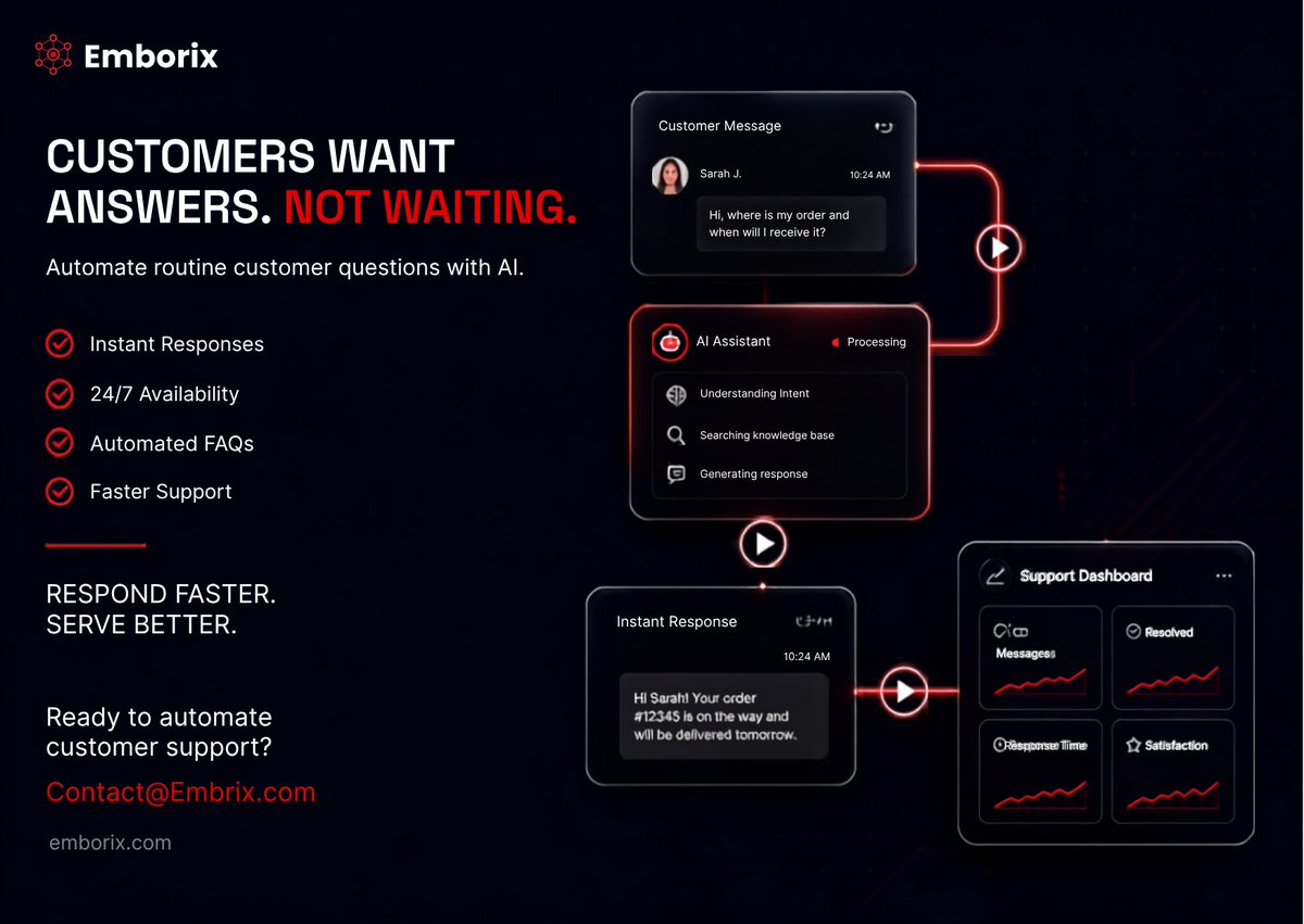 emborix_'s tweet photo. Customers want answers. Not waiting. 🤖

AI can automate routine questions and help your business respond faster �� 24/7.

Respond faster. Serve better.

📩 Contact@Emborix.com
🌐 https://t.co/Gqc8HpsT9f
#AIAutomation #CustomerSupport #Emborix https://t.co/JuTkhLecB0