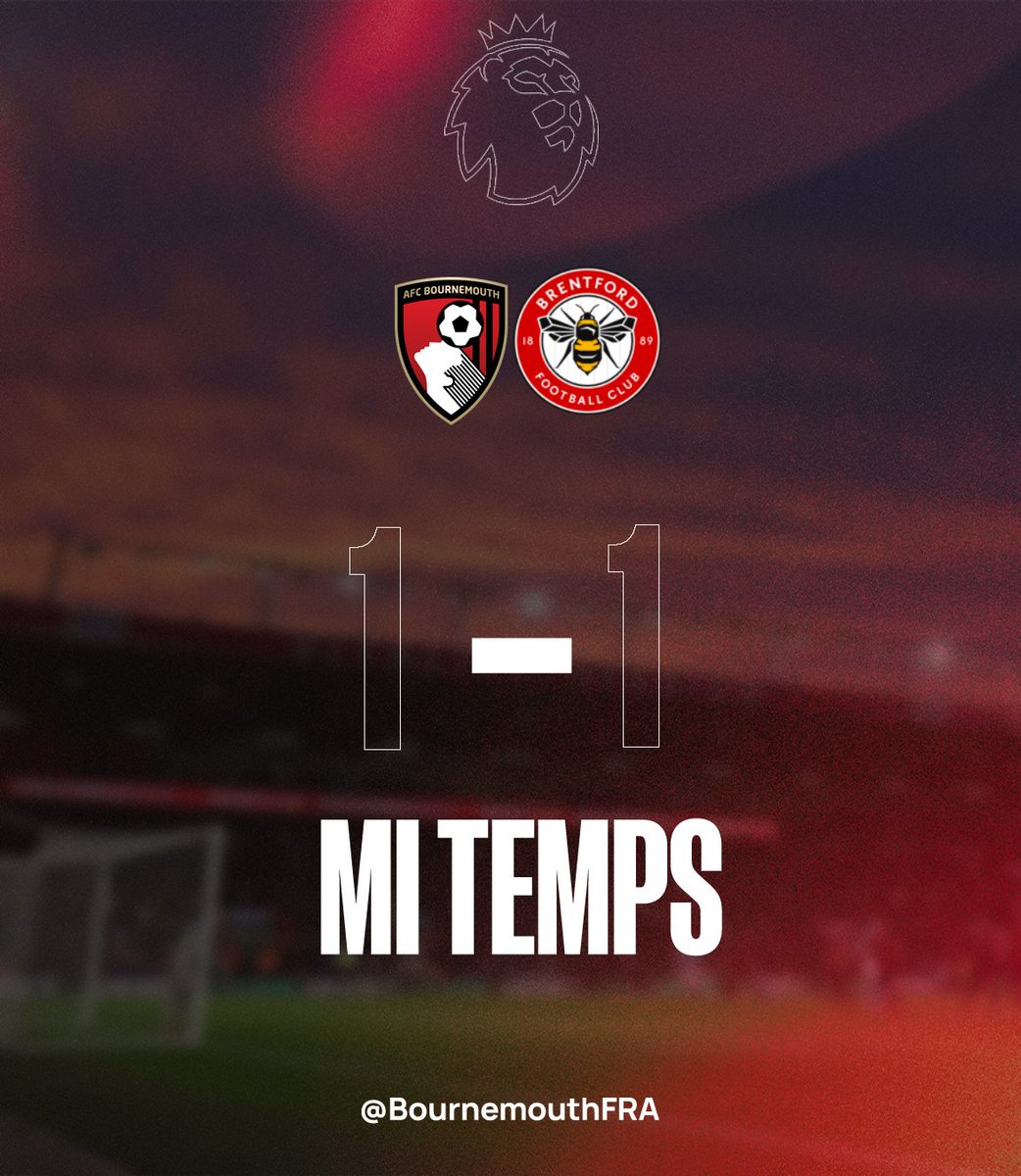 BournemouthFRA's tweet photo. ⏸️ MI-TEMPS au Vitality Stadium 🏟️

Bournemouth 🍒 1 - 1 Brentford 🐝

Une première période assez mitigée, mais tout reste à faire. On peut aller chercher la victoire en seconde période ! 💪

#afcb #BOUBRE https://t.co/fxlelpLaZ3