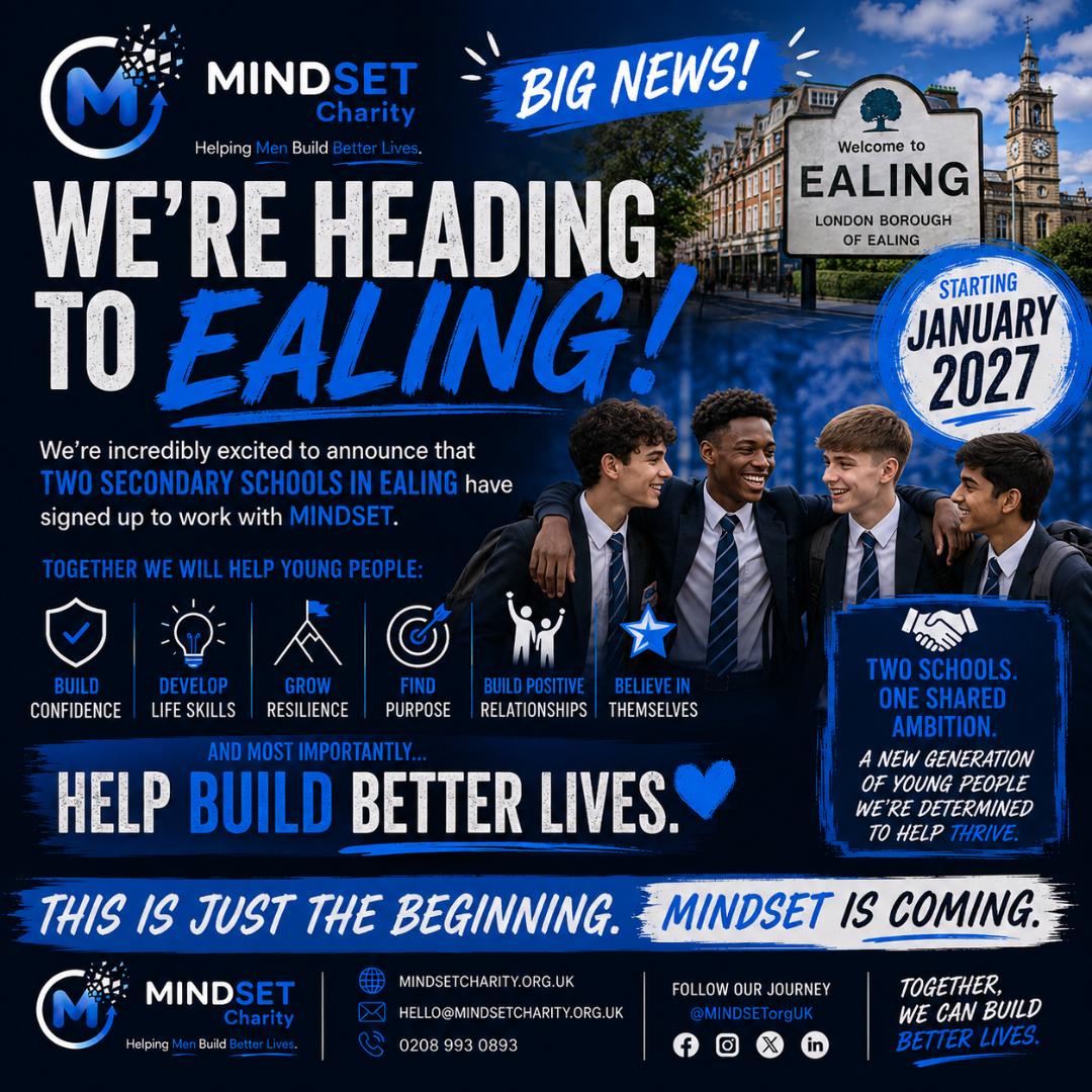 MINDSETOrgUK's tweet photo. Big news
MINDSET is heading to Ealing.
2 secondary schools have joined our mission to help teenage boys build confidence, life skills, resilience, purpose &amp; positive relationships.
Starting in January 2027.
A new generation we’re determined to help thrive.
#MINDSETCharity #Ealing https://t.co/ahilhUeA8B