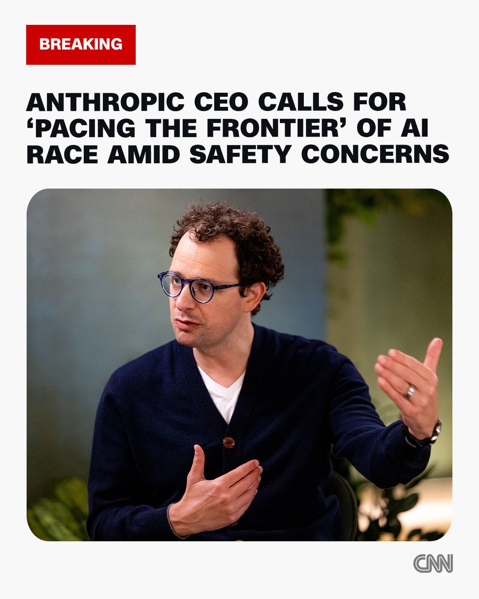 cnnbrk's tweet photo. Anthropic CEO calls for slowdown in the race to develop AI and acknowledges the risk that people may lose control of the technology. https://t.co/BCgAFclGQw https://t.co/WoYPrwf0ac